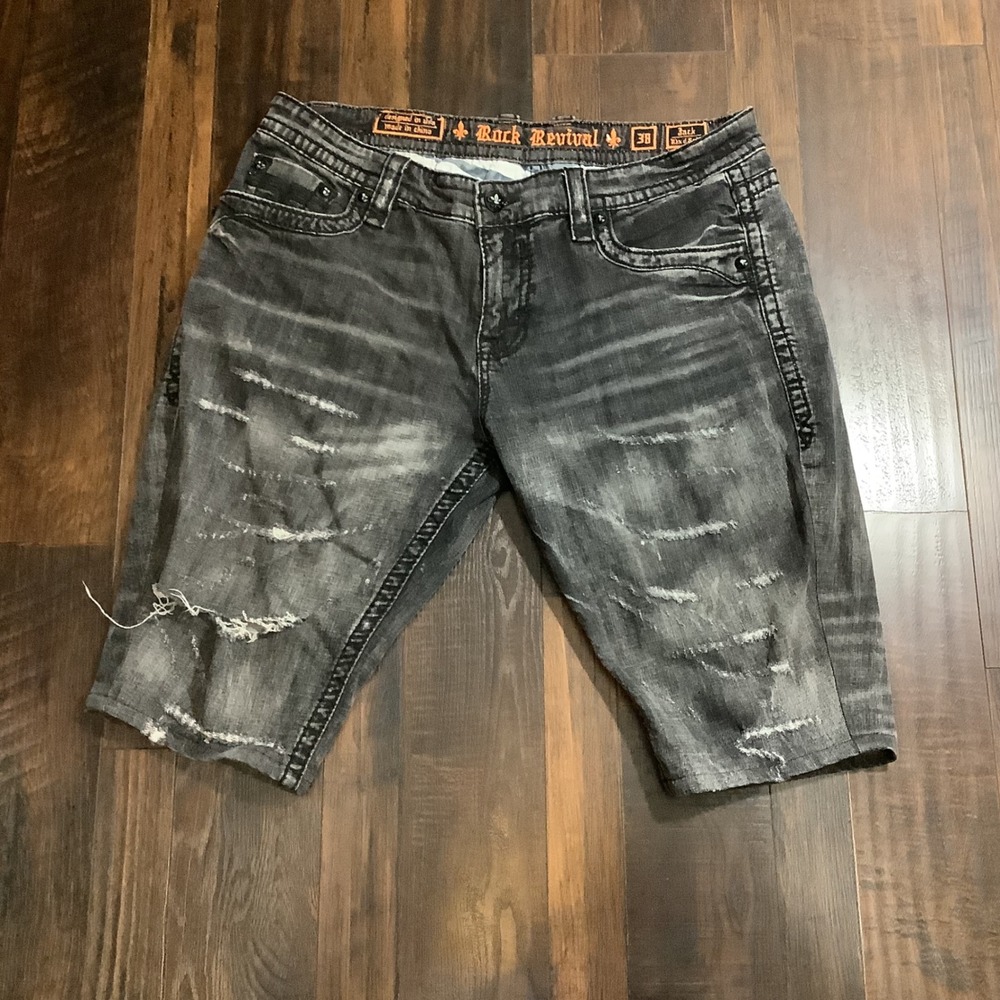 Rock Revival Jack EQ37 Black Distressed Denim Shorts Mens 38 Studded Fleur DeLis